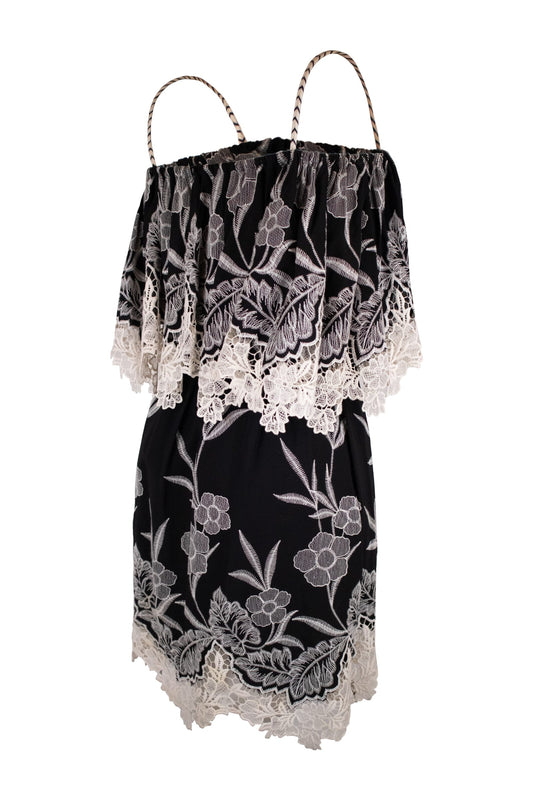 Anne Fontain Black Base With Intricate White Floral Lace Embroidery Dress