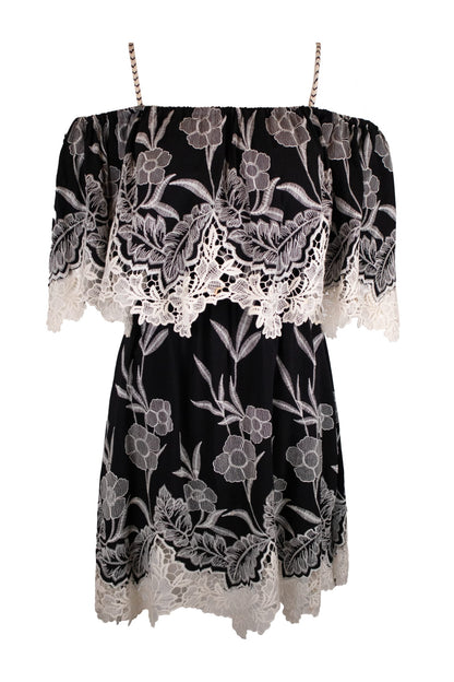 Anne Fontain Black Base With Intricate White Floral Lace Embroidery Dress