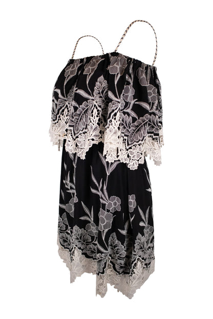 Anne Fontain Black Base With Intricate White Floral Lace Embroidery Dress