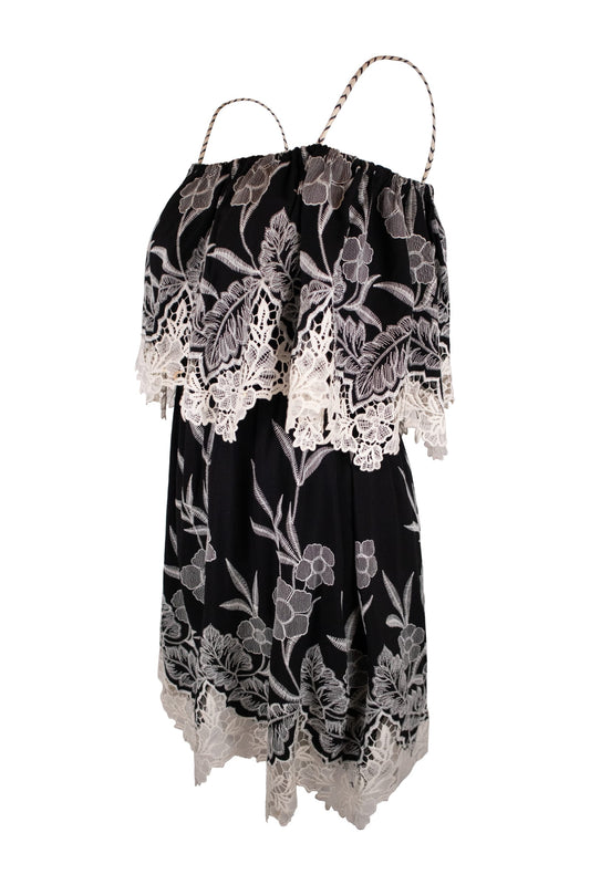 Anne Fontain Black Base With Intricate White Floral Lace Embroidery Dress