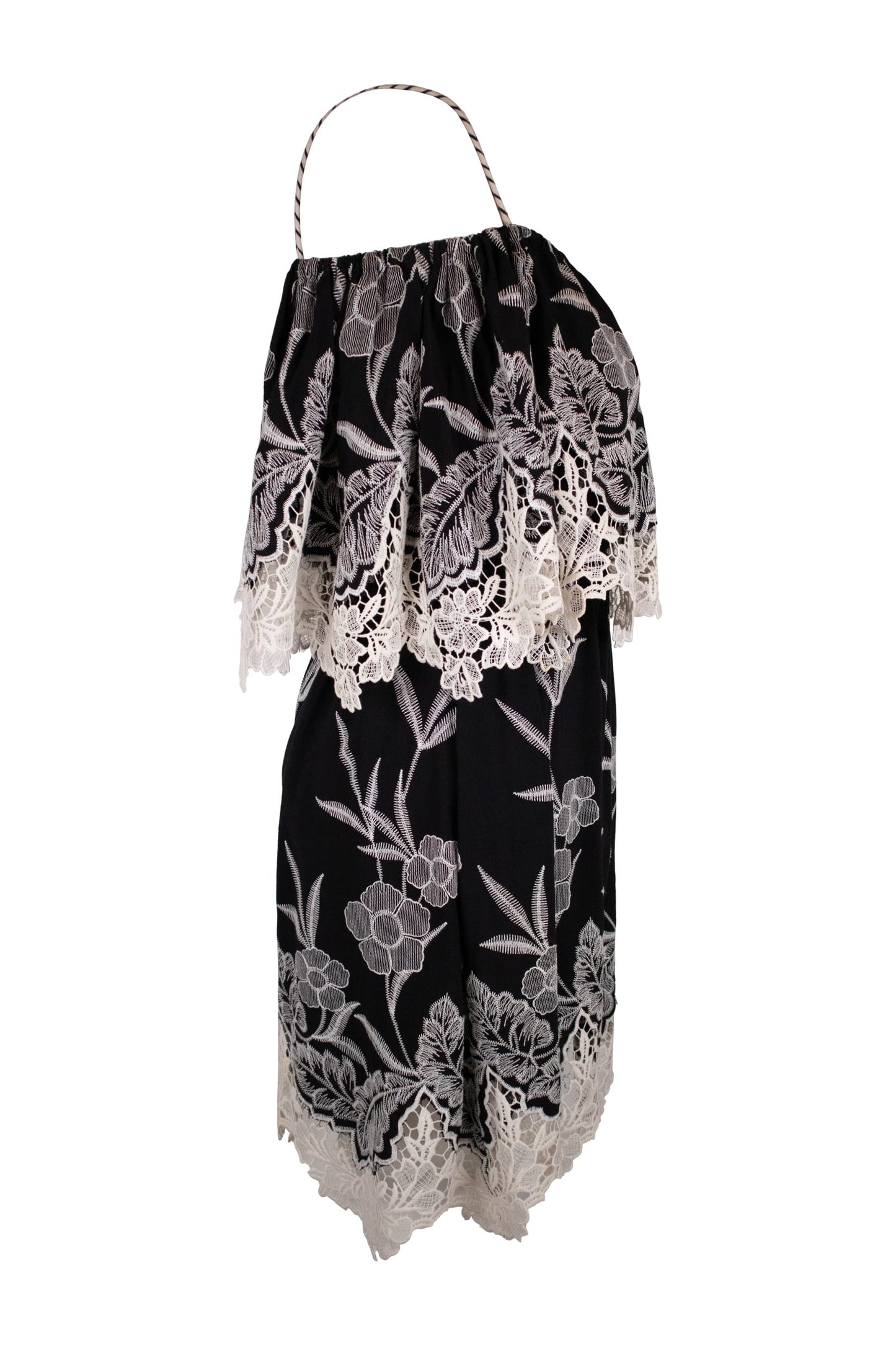 Anne Fontain Black Base With Intricate White Floral Lace Embroidery Dress