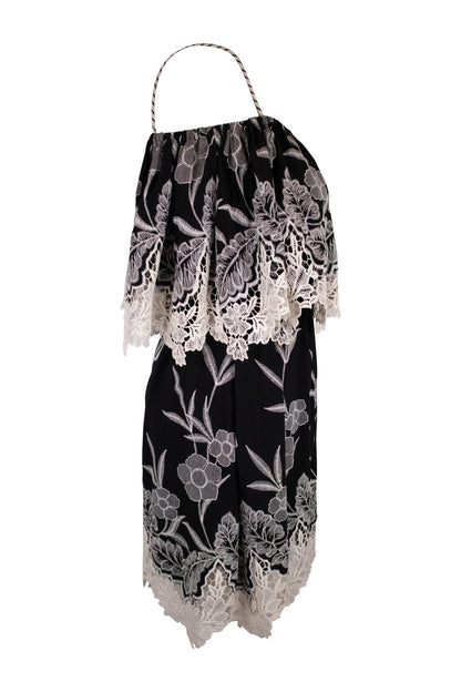 Anne Fontain Black Base With Intricate White Floral Lace Embroidery Dress