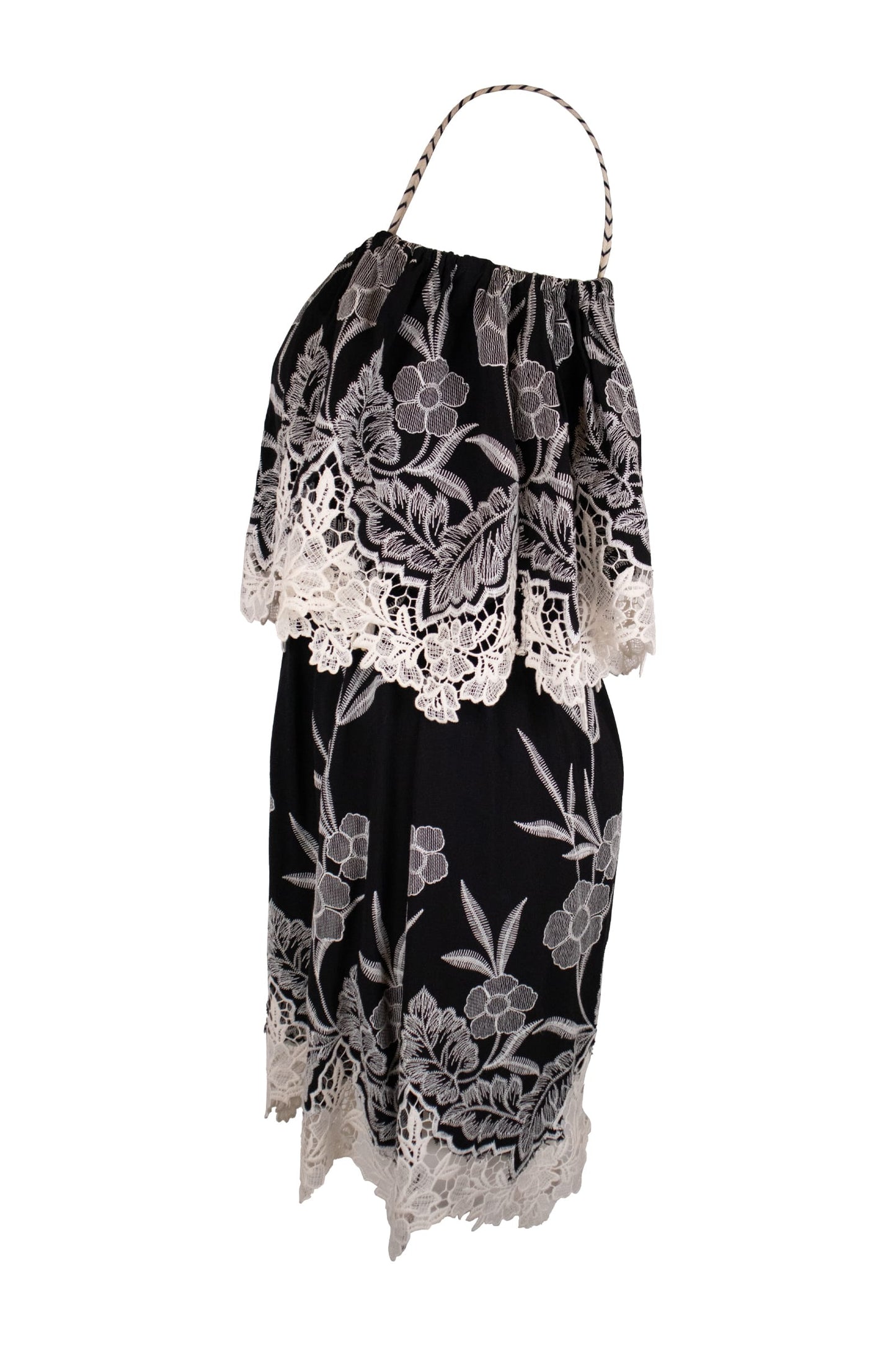 Anne Fontain Black Base With Intricate White Floral Lace Embroidery Dress