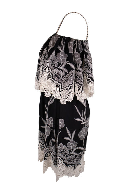Anne Fontain Black Base With Intricate White Floral Lace Embroidery Dress